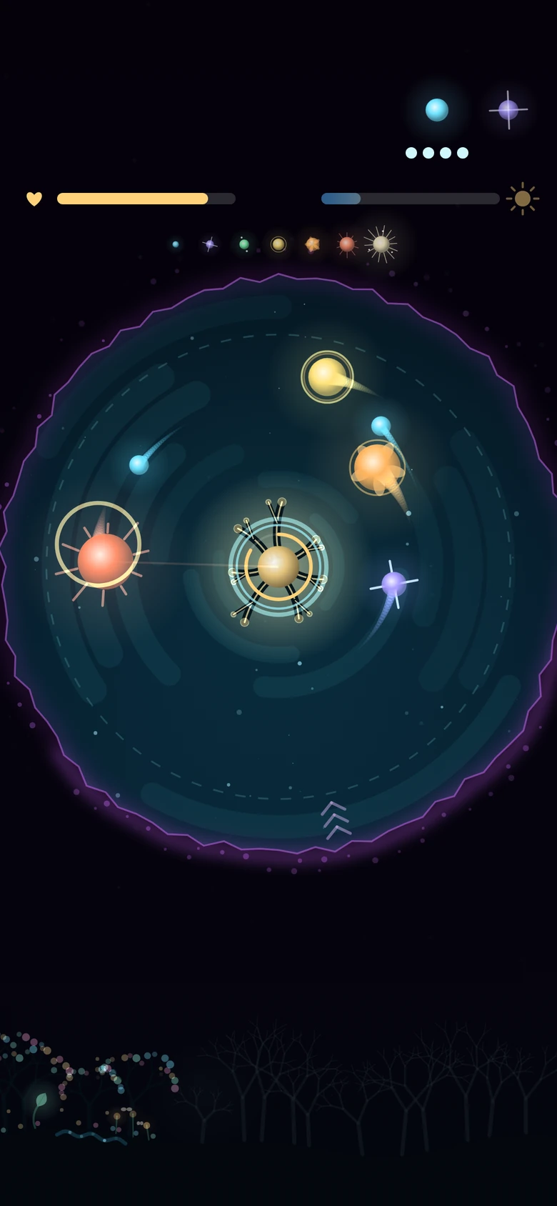 A night in Dawnkeeper: lights circle the Heart-Tree while the violet gloom closes in from the edge