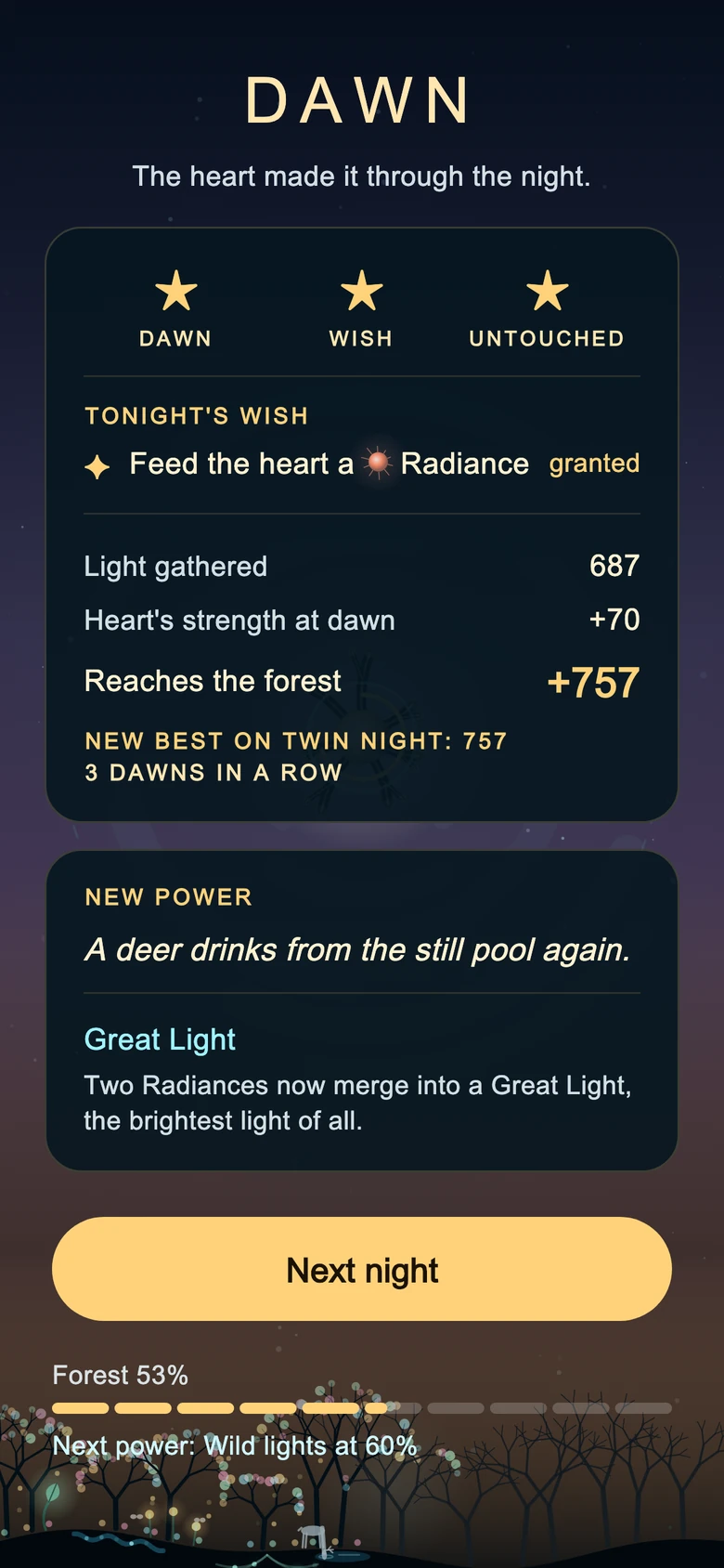 The dawn results: three stars, the wish granted, and the light the forest receives